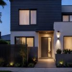 Modern Melbourne townhouse exterior with a discreet outdoor security camera mounted near the front door