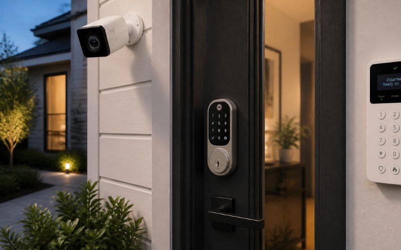 Outdoor security camera, smart lock, and alarm keypad